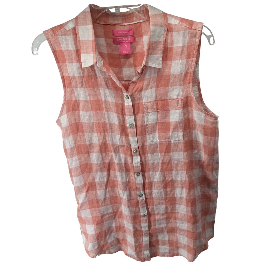 Isaac Mizrahi New York 100% Linen Gingham‎ Sleeveless Shirt Womens  M Salmon